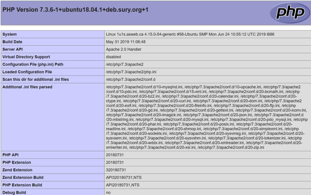Ubuntu 18.04 default PHP info