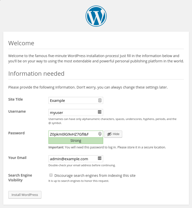 WordPress setup installation